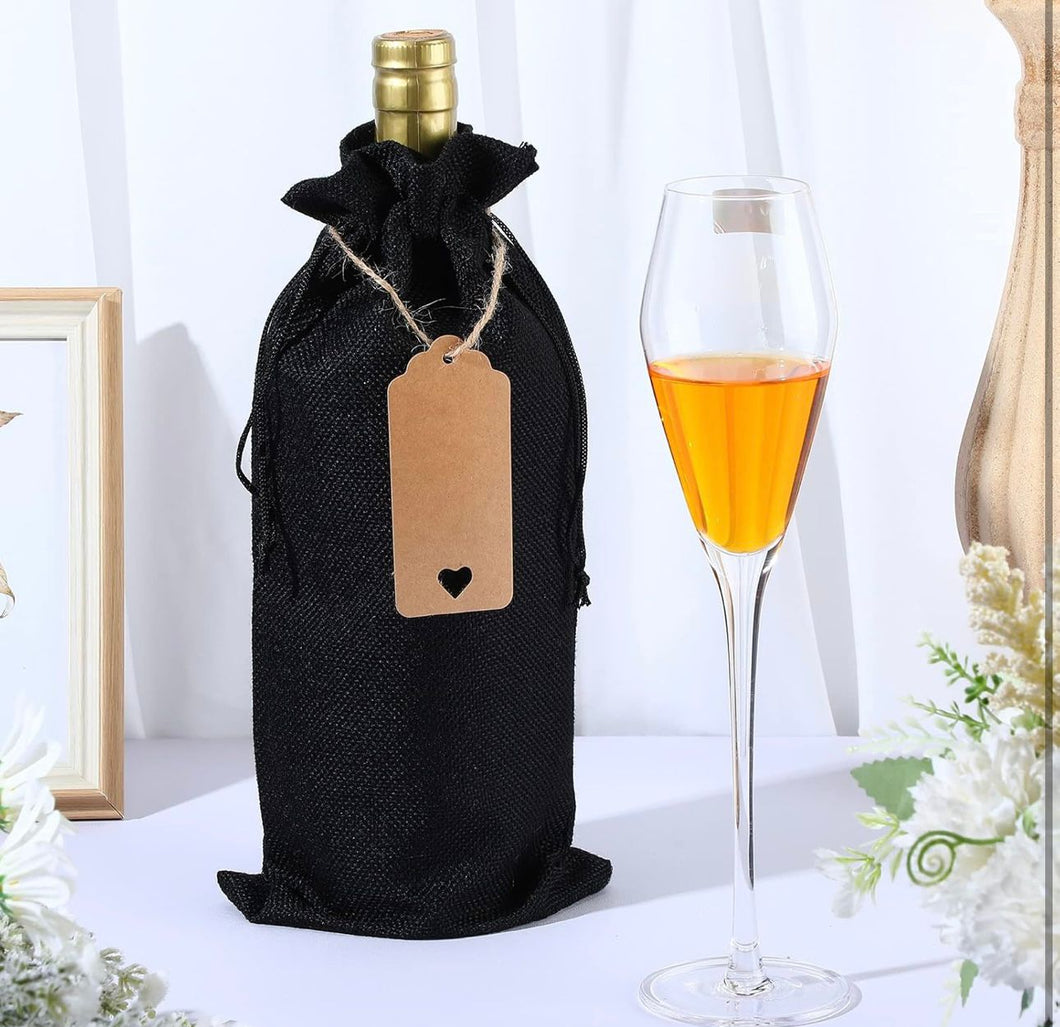 Black Burlap Single Bottle Bag Heart Tag