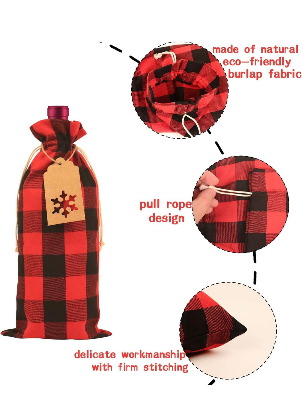 Winter Red Burlap Single Bottle Bag SnowFlake Card